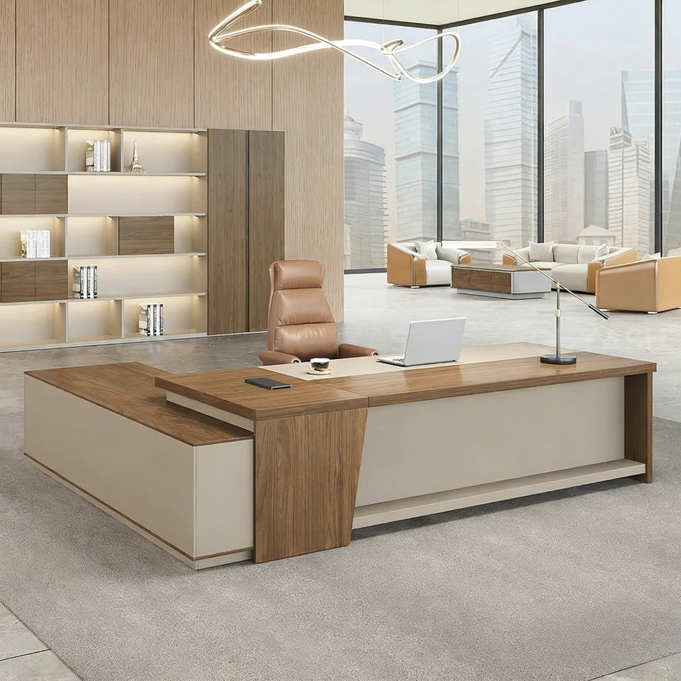 Elegant and Minimalist L-Shaped Executive Desk with Thick Desktop and Spacious Side Cabinet LBZ-2142